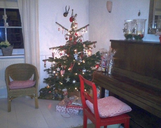 Unser süßer kleiner x-mas-tree. Zum weiß gesellt sich etwas traditionelles Weihnachtsrot ...